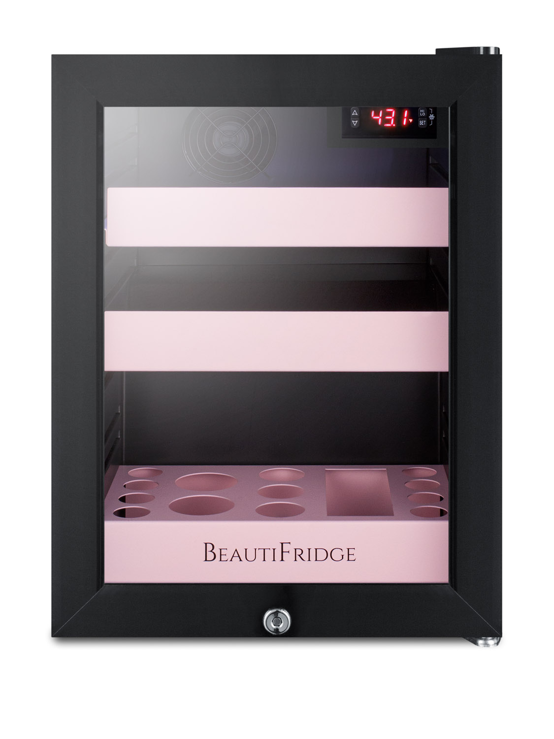 BeautiFridge compact cosmetics cooler with glass door, black cabinet, lock, matte blush pink shelves, and digital controls set for the storage of beauty products